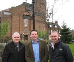 Cllr Dmian O'Connor from neighbouring Miles Platting and Newton Heath Ward with candidate Tim Hartley and Cllr and PPC Marc Ramsbottom outside St Dunstans on Monston Lane
