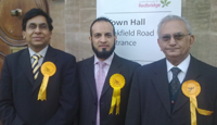 Newly elected Councillor Shoaib Patel (centre) with Cllr Irfan Mustafa,Camapaign Manager (on left) and Cllr Farrukh Islam,Election Agent (On right)