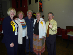 left to right: Claire Kelley (PPC Harrogate & Knaresborough(, Cty Cllr Margaret-Ann de Courcey-Bayley (County Councillor for Starbeck), Ian Law (new councillor's husband), Cllr Janet Law (winner), Cllr Philip Broadbank (District Councillor for Starbeck)