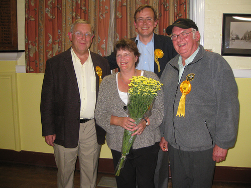Daryl Henry celebrates election victory in the Colden Common & Twyford, Winchester by-election with ward colleagues Richard Izard and Peter Mason, and Lib Dem parliamentary candidate, Martin Tod.